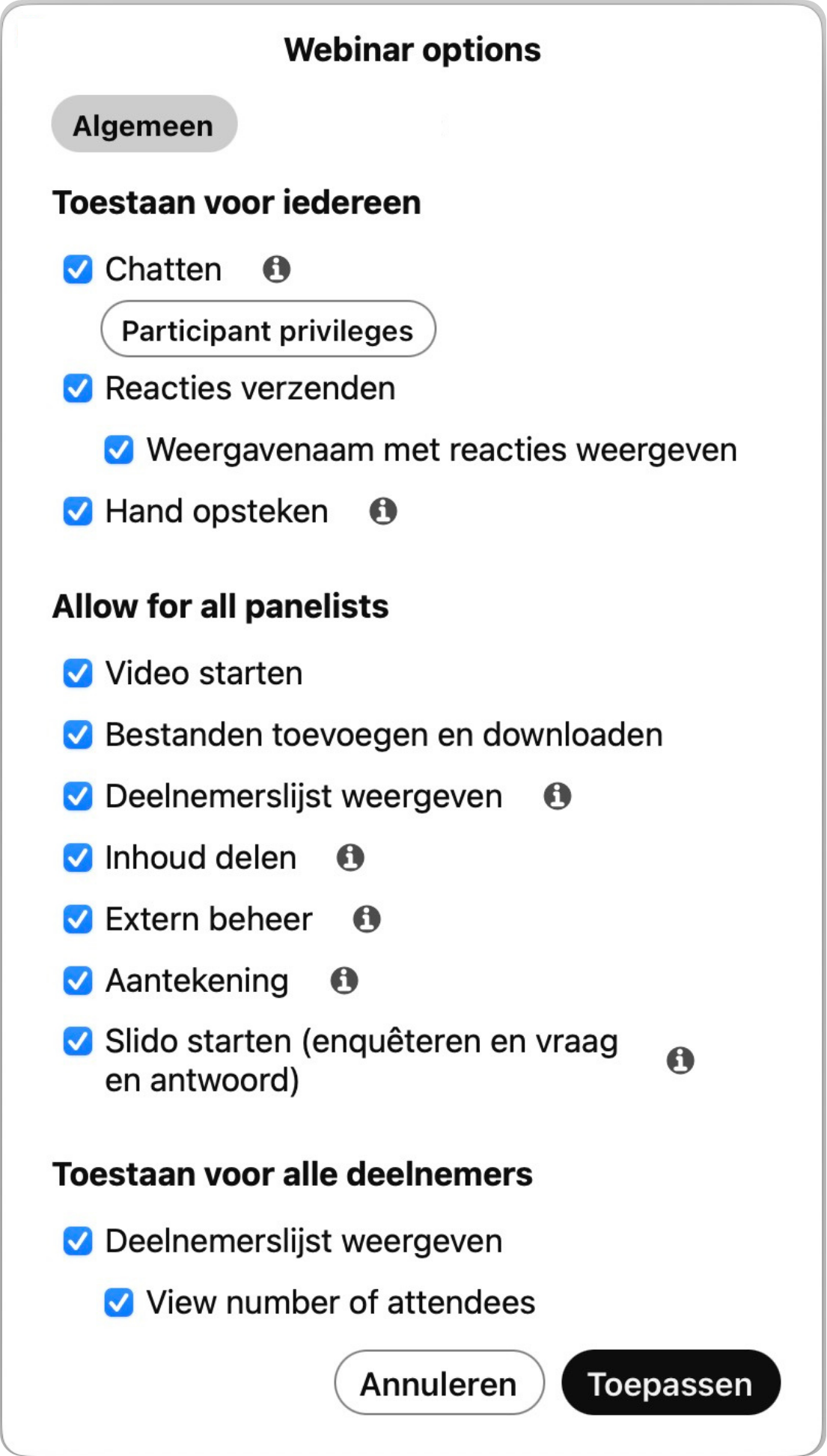 Screenshot van webinaropties in Webex Webinars