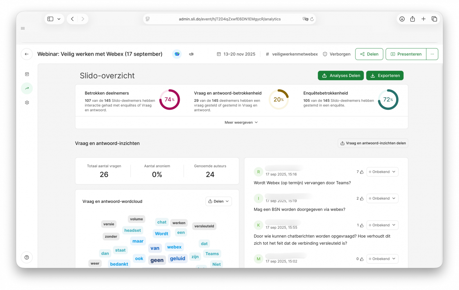 Screenshot van Slido analyses