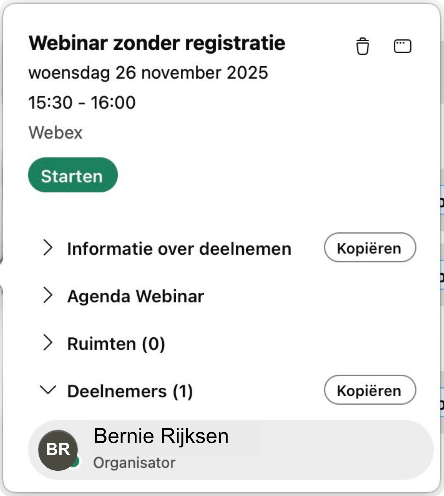 Screenshot van opstarten webinar via agenda in de Webex-app