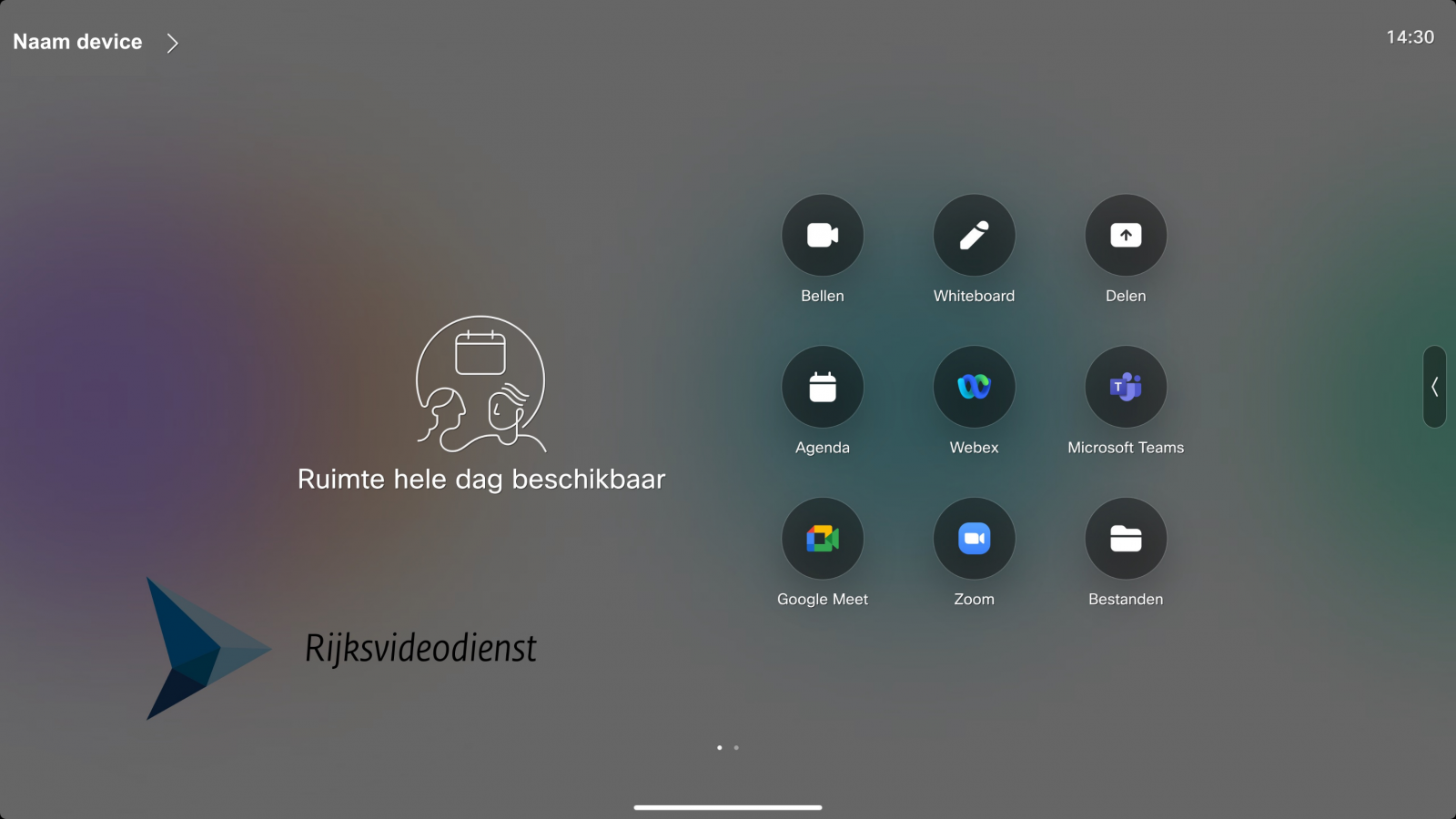 Screenshot van startscherm Webex Board of Room device
