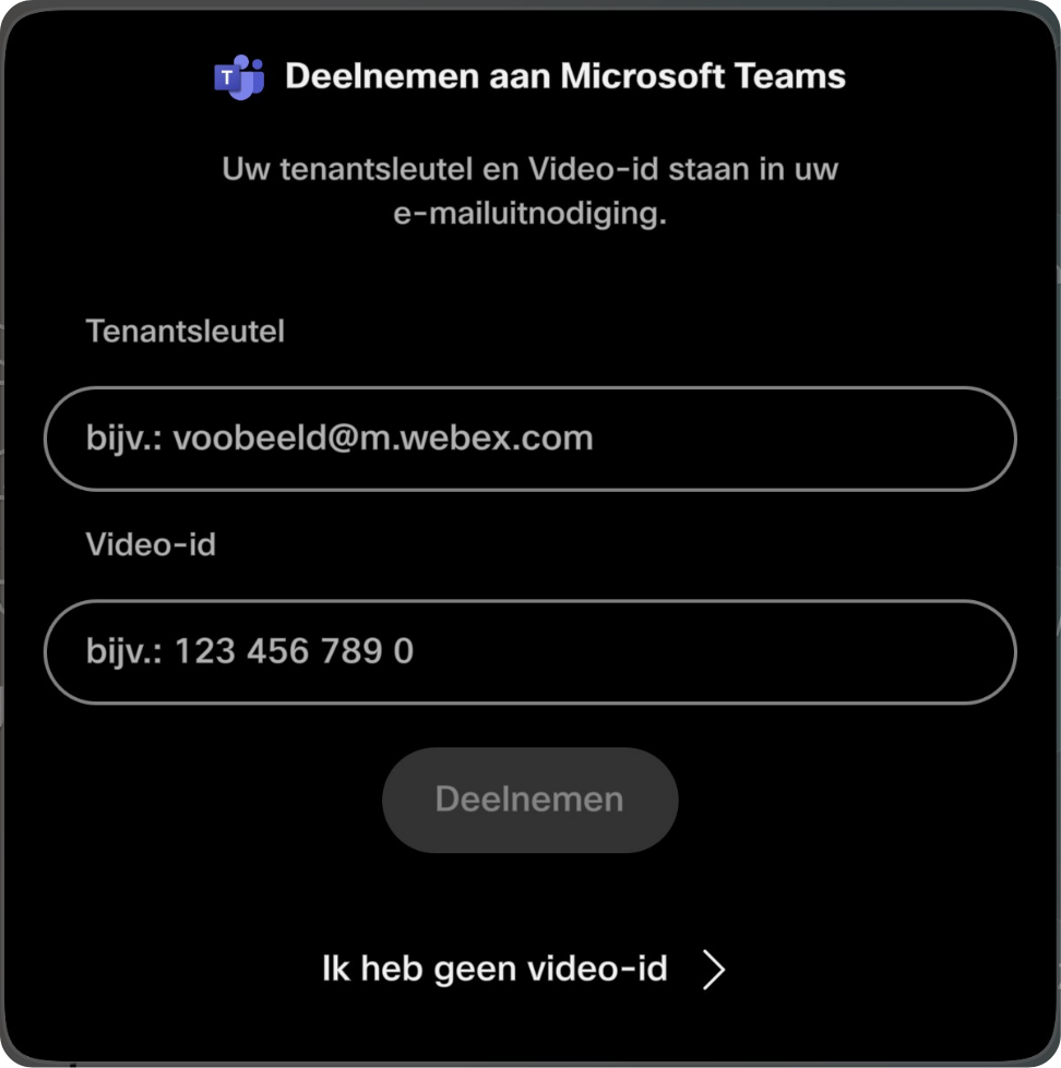Screenshot van eerste venster deelnemen aan Microsoft Teams videovergadering via room device.