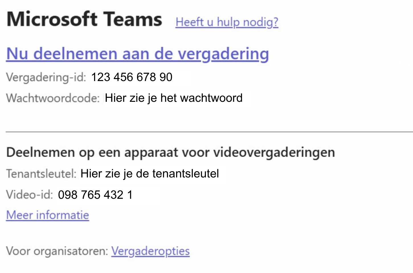Screenshot van Microsoft Teams uitnodiging voor videovergadering