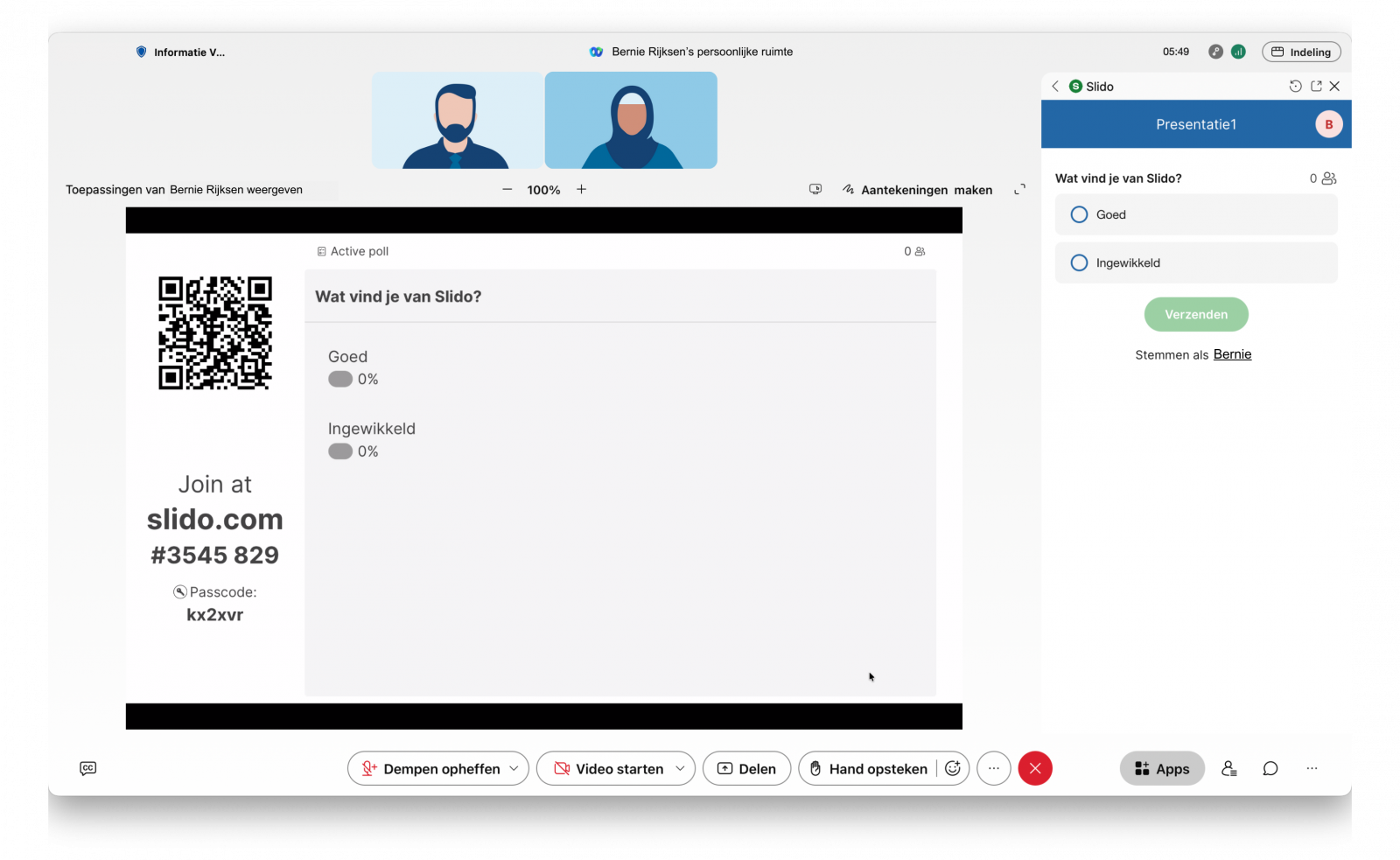 Screenshot van PowerPoint-presentatie met geïntegreerde Slido-vraag tijdens het delen van een toepassing in een videovergadering in Webex