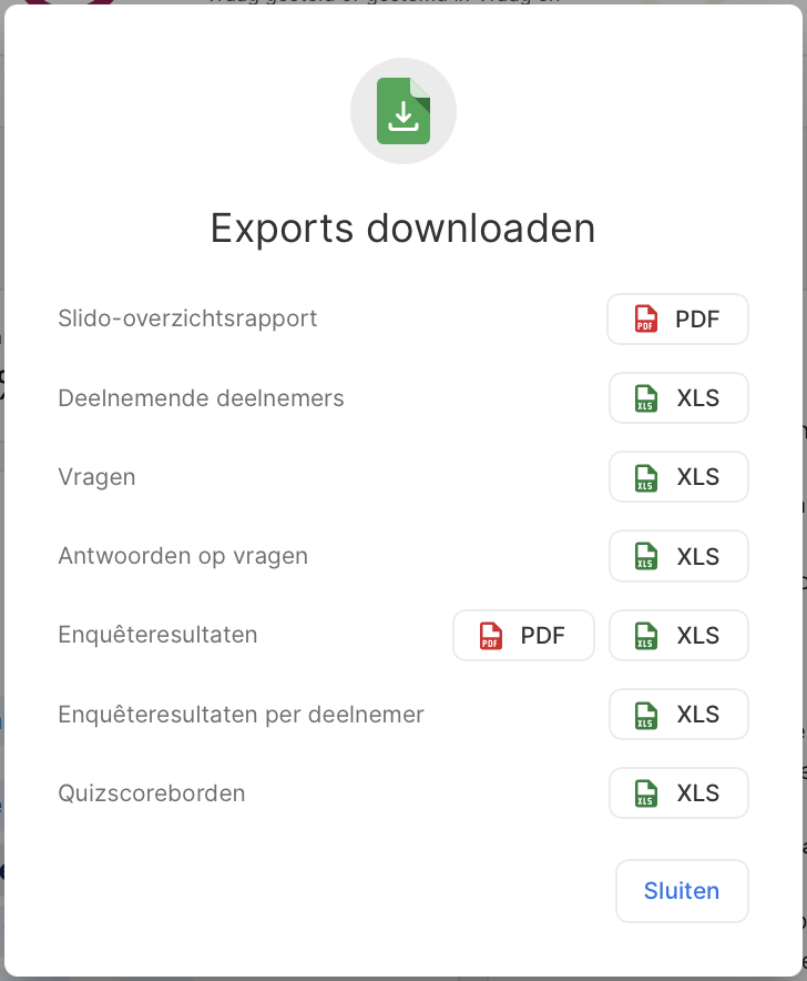 Screenshot van Slido-resultaten exporteren