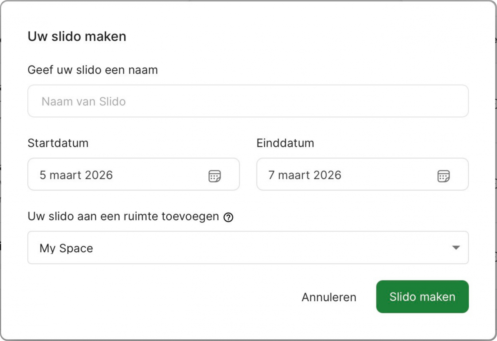 Screenshot van venster Slido aanmaken.