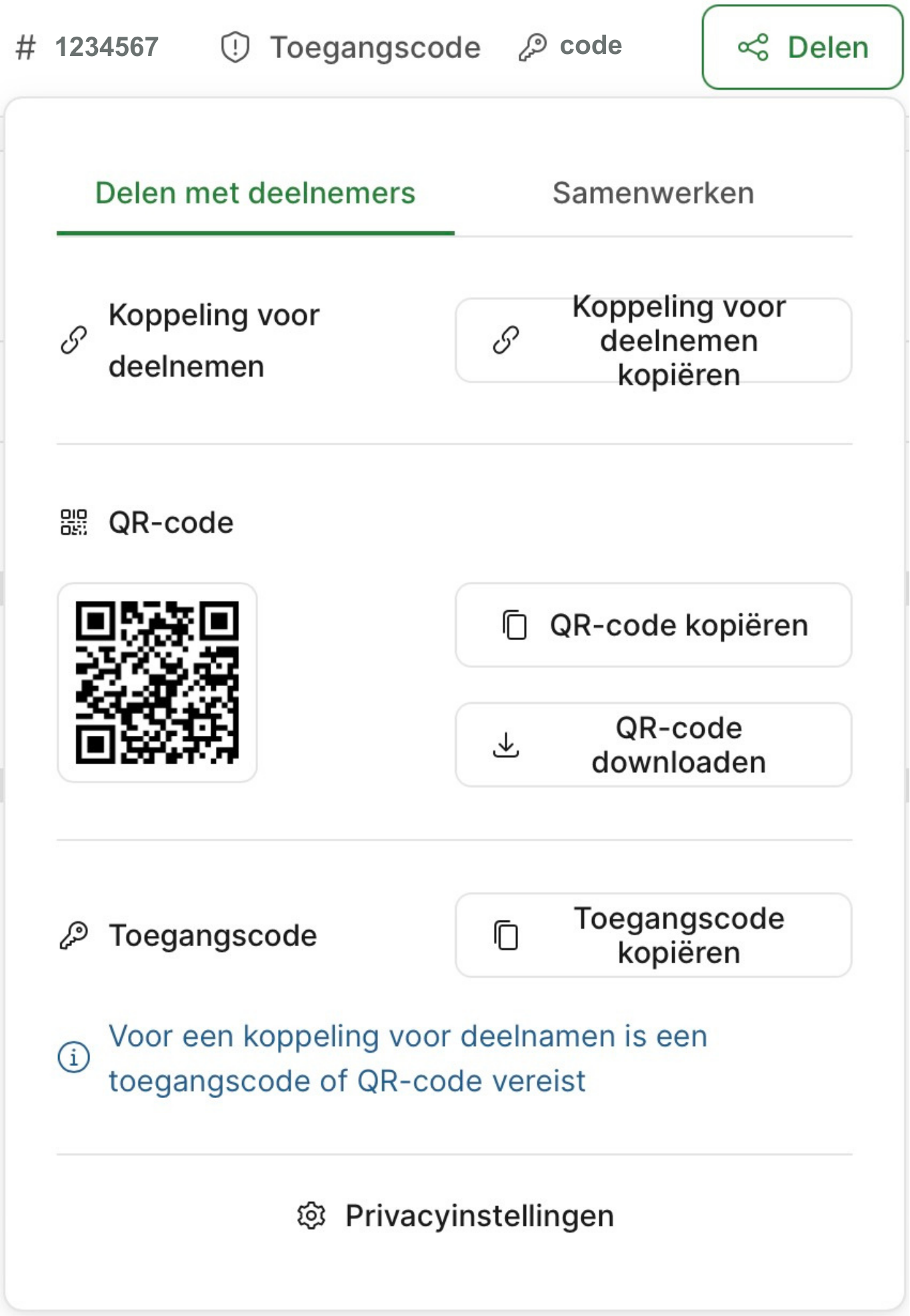 Screenshot van delen van een Slido