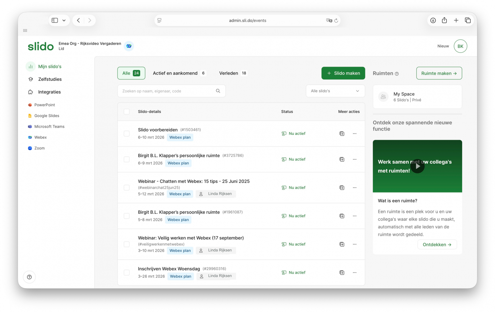 Screenshot van Slido dashboard