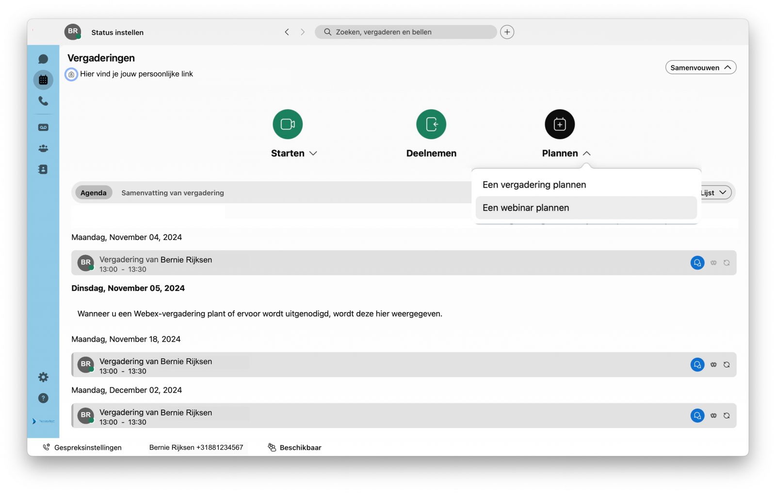 Screenshot van een webinar plannen via de Webex-app