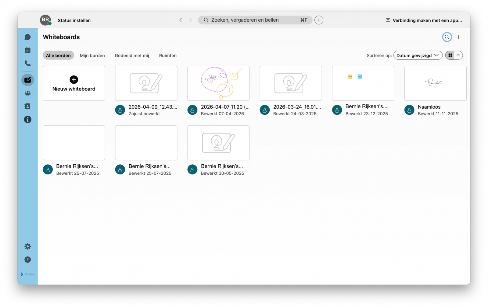 Screenshot van whiteboards in de Webex-app