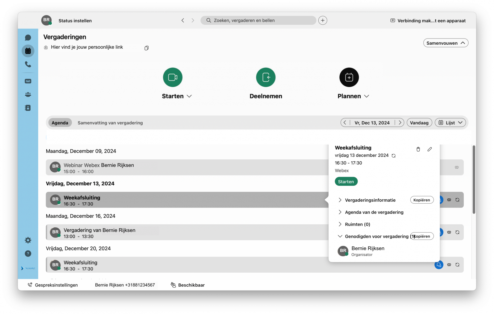 Screenshot van opstarten Webex-videovergadering via Webex-app