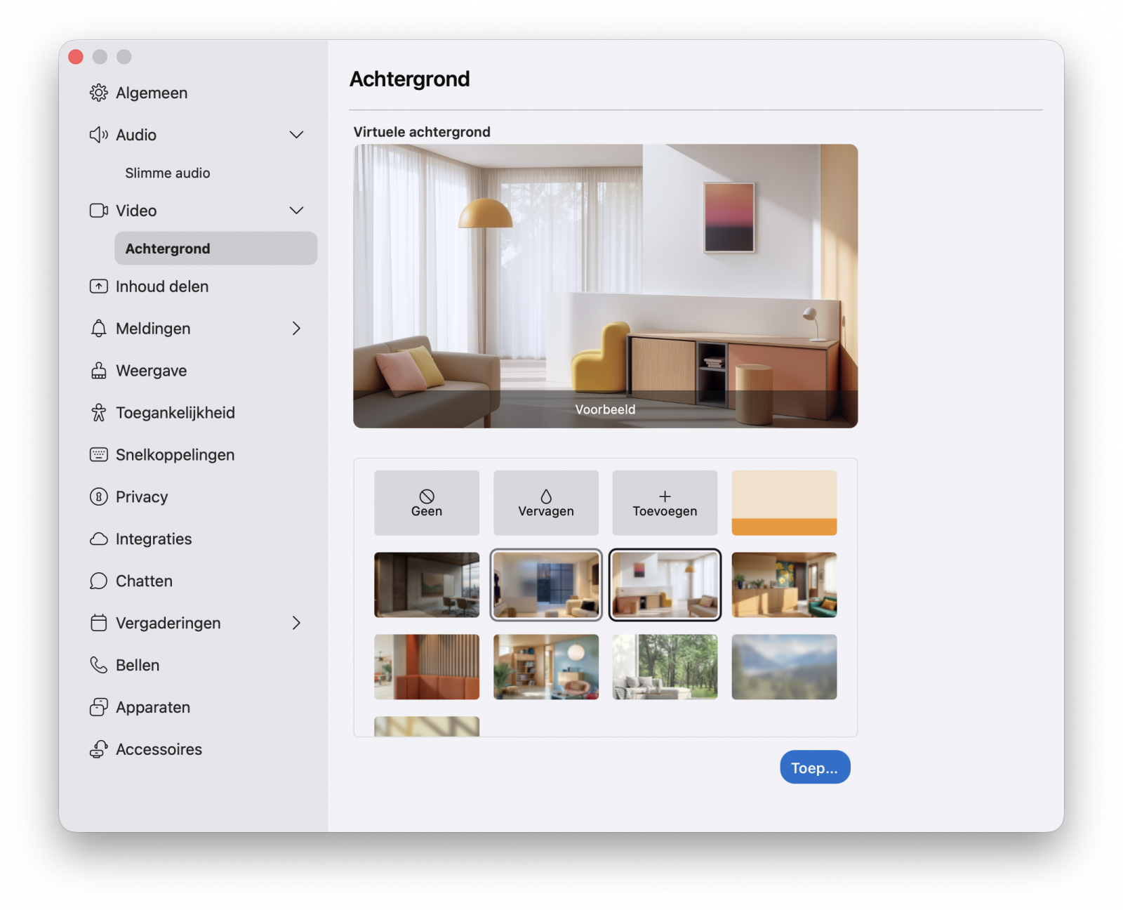 Screenshot van video-achtergrond instellingen in de Webex-app