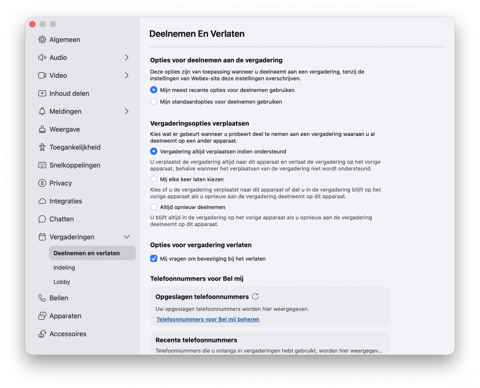 Screenshot van vergaderinstellingen voor deelnemen en verlaten in de Webex-app