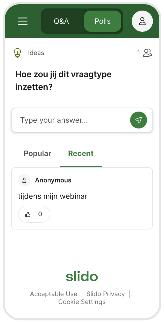 Screenshot van vraagtype ideeën in Slido