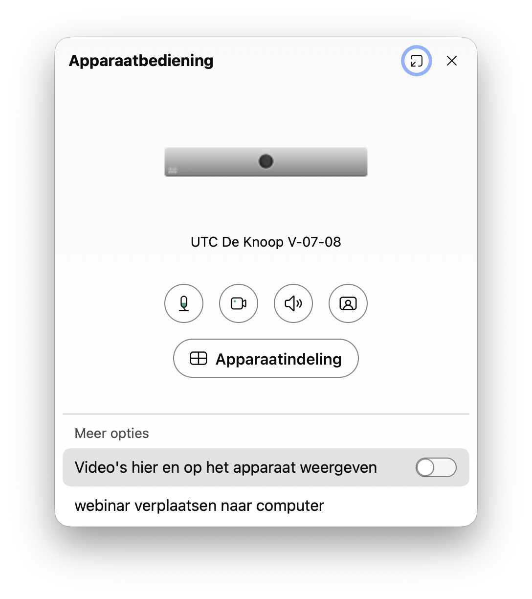 Screenshot van apparaatbediening vanuit Webex-app