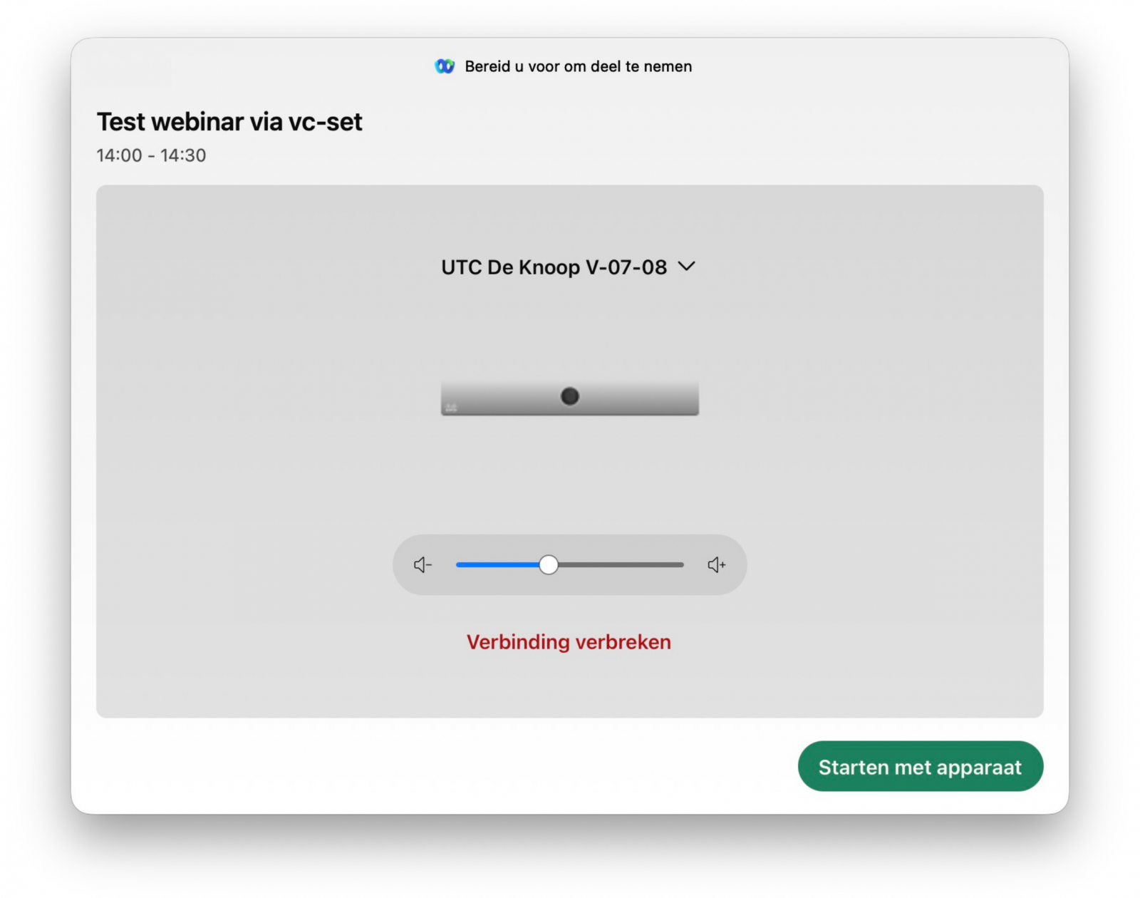 Screenshot van opstarten webinar in de Webex App met de VC-set