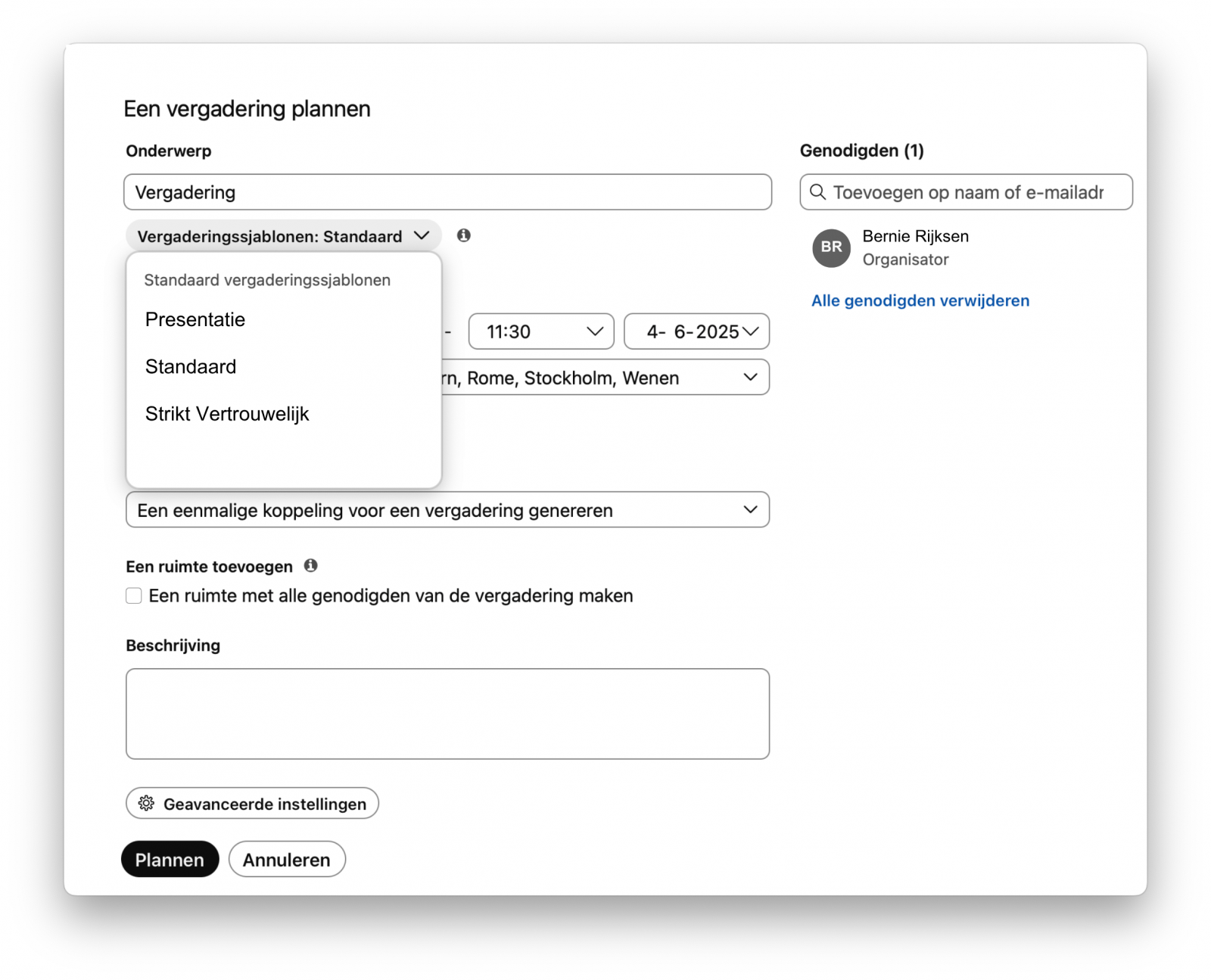 Screenshot van inplannen videovergadering in Webex met vergadersjablonen