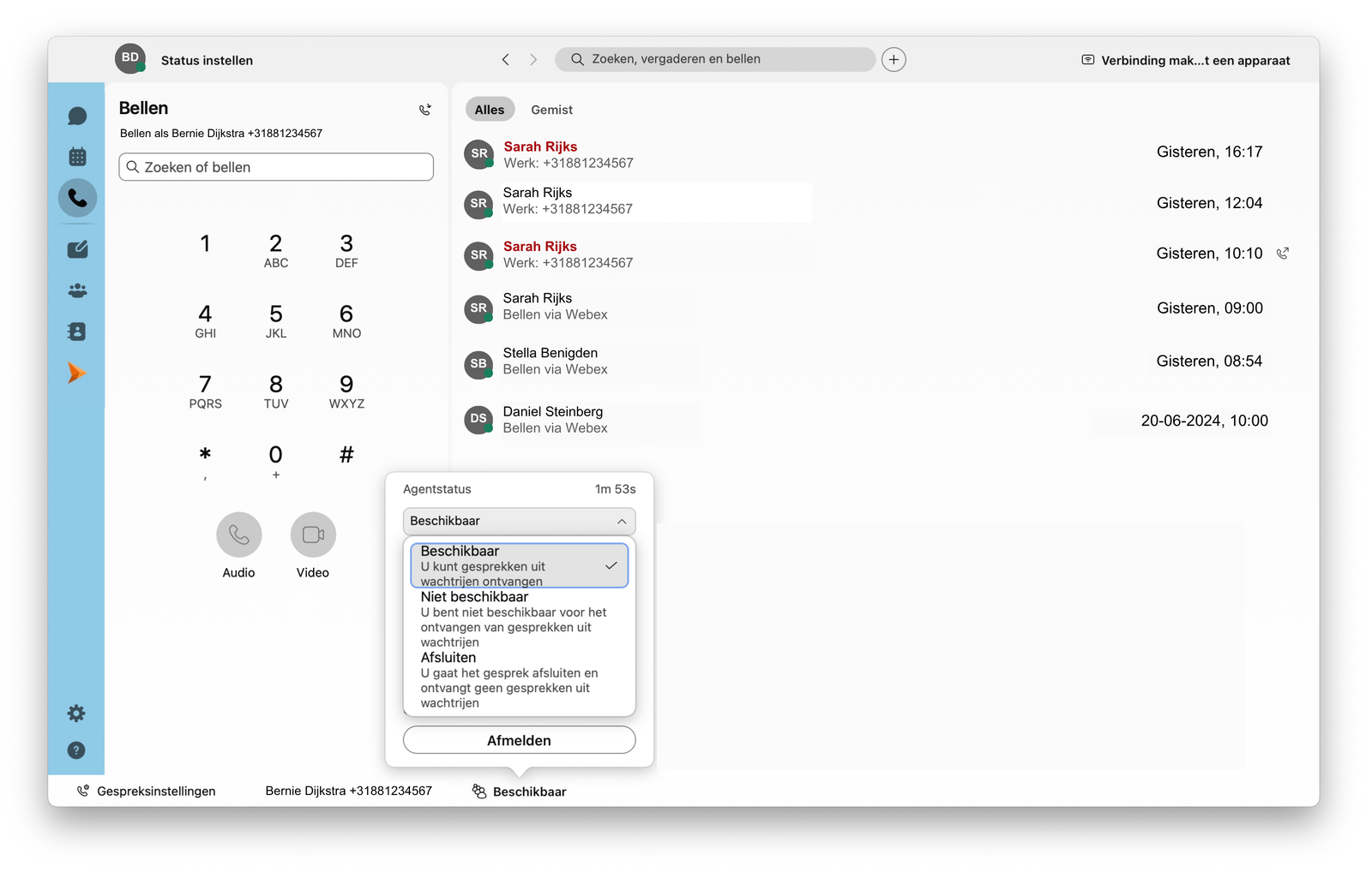 Screenshot van beschikbaarheid instellen voor wachtrij in Webex-app