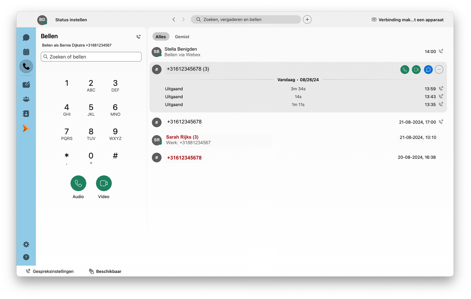 Screenshot van gespreksgeschiedenis in de Webex-app