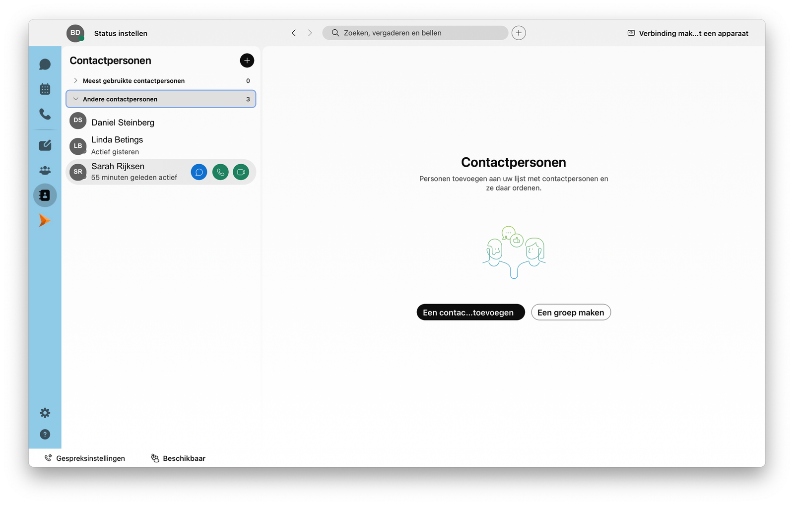 Screenshot van oproep starten via lijst met contactpersonen in de Webex App