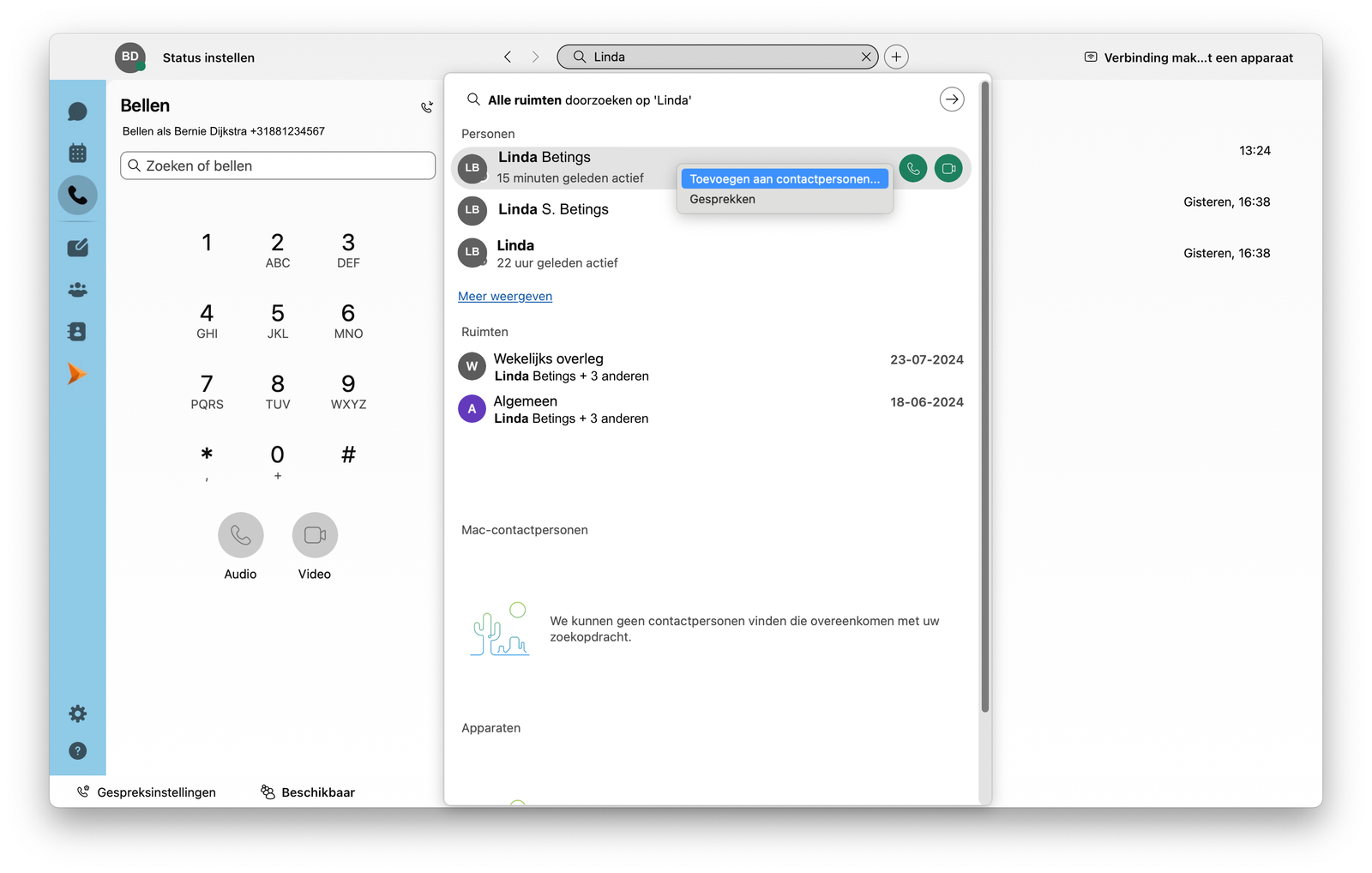 Screenshot van contactpersoon toevoegen via de zoekbalk in de Webex-app