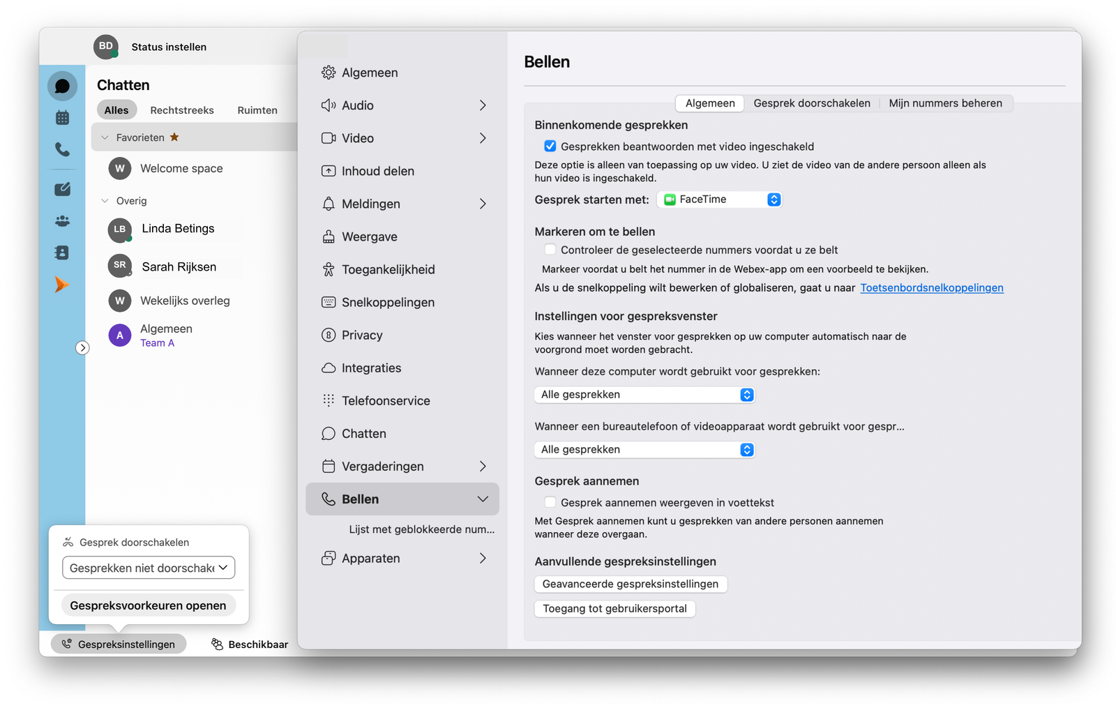 Screenshot van gespreksinstellingen in de Webex-app