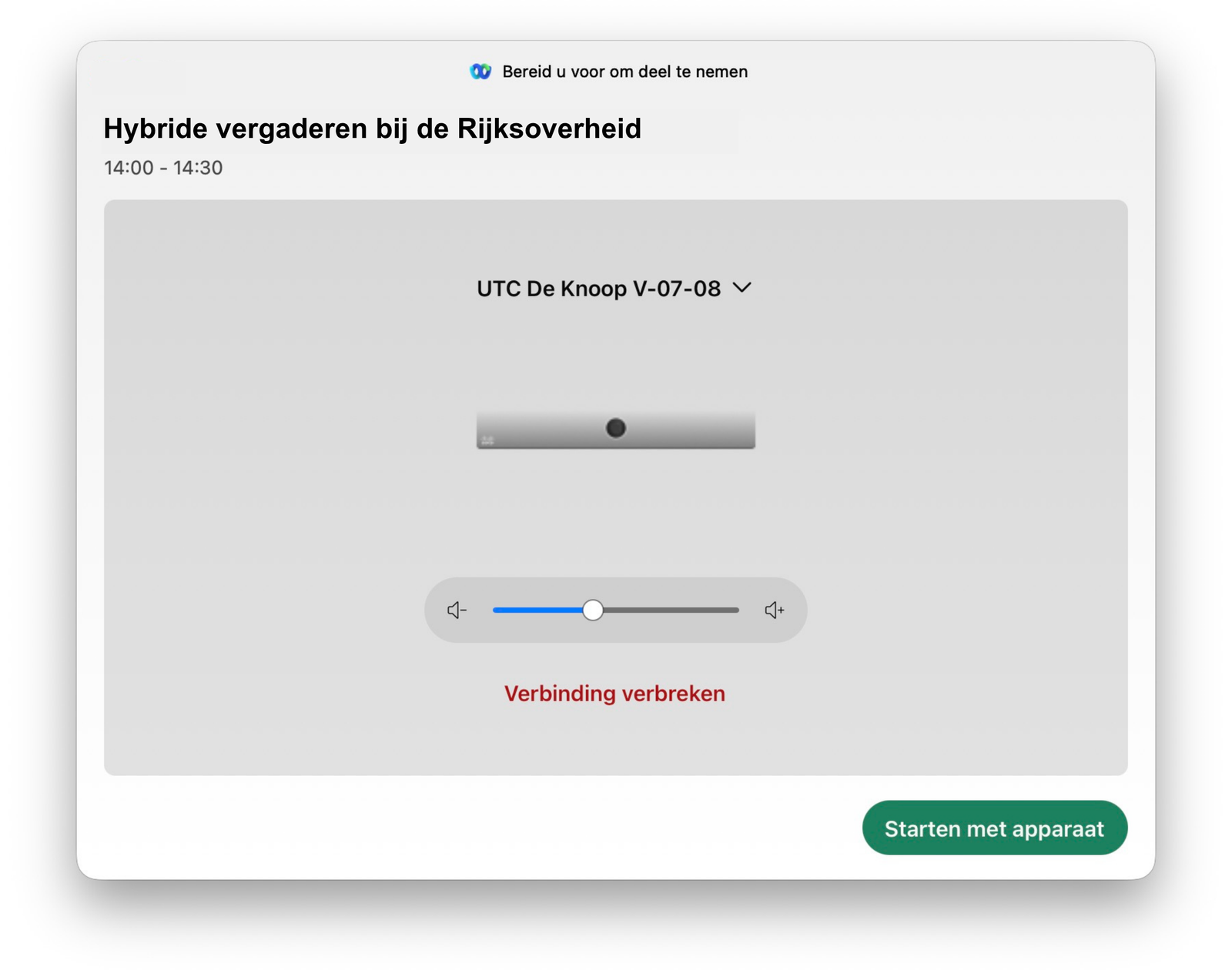Screenshot van startvenster videovergadering via VC-set met de Webex-app