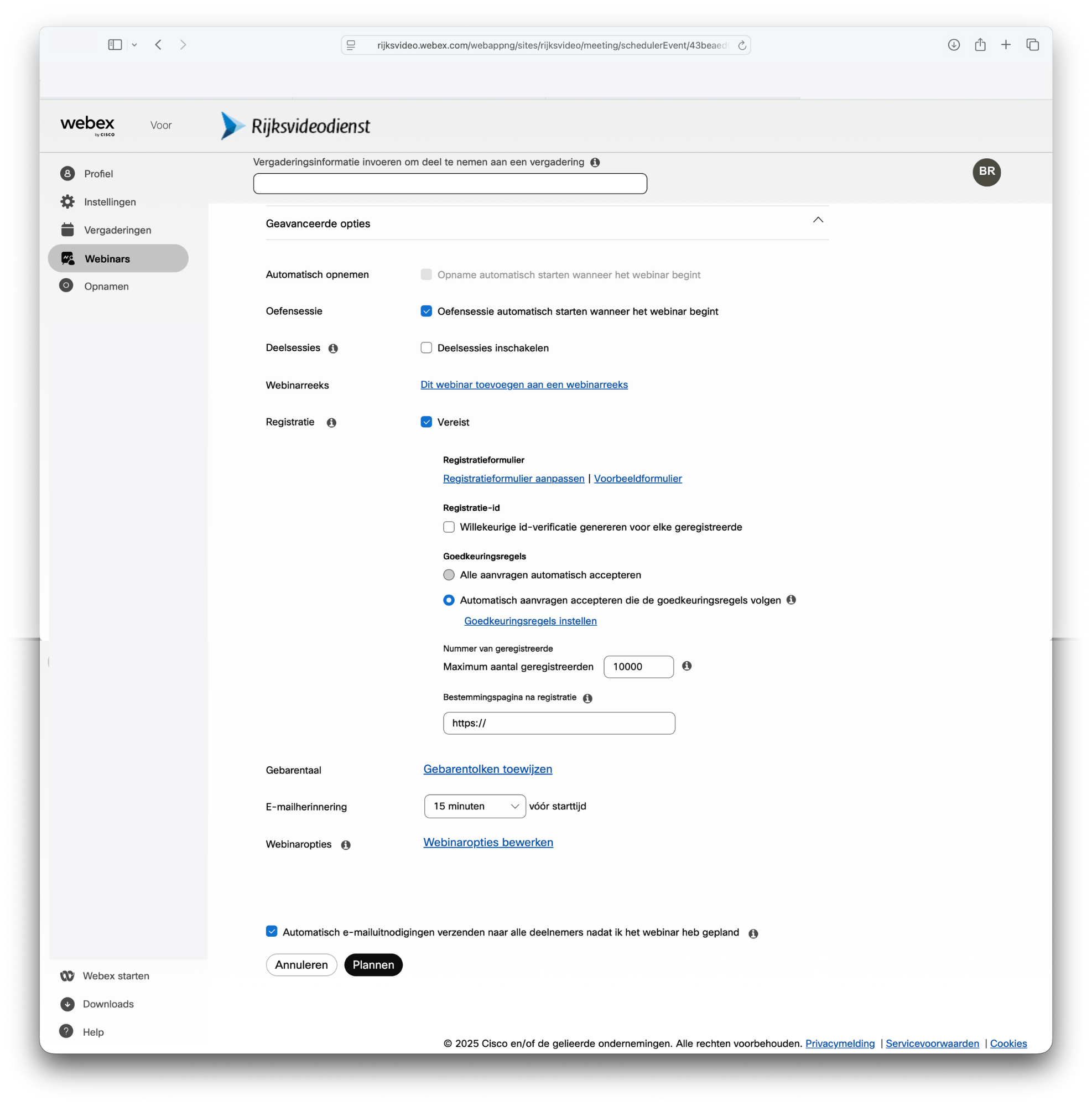Screenshot van opties bij inplannen webinar in Webex gebruikersportaal