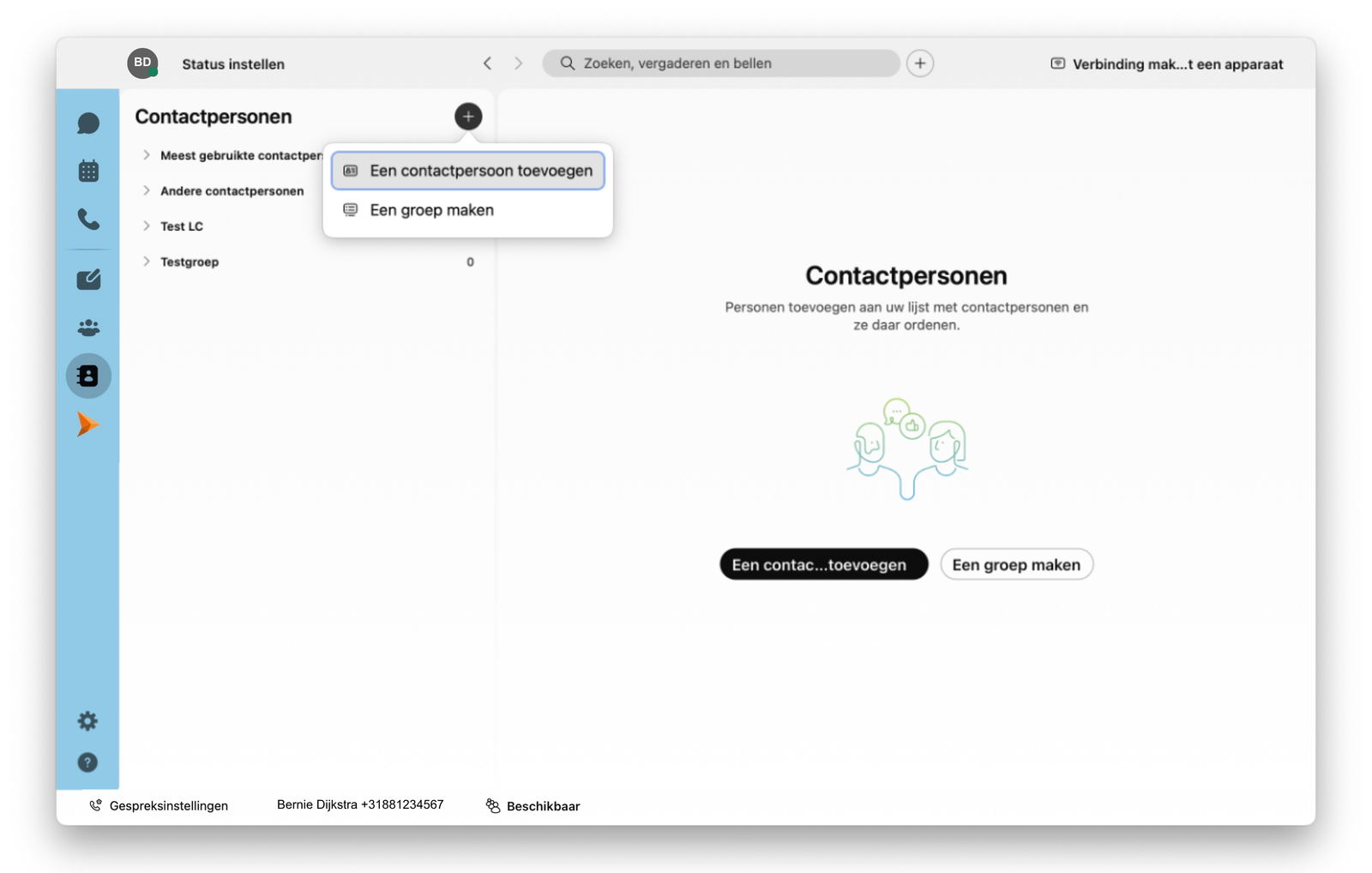 Screenshot van contactpersoon toevoegen via contactpersoon-menu in de Webex-app