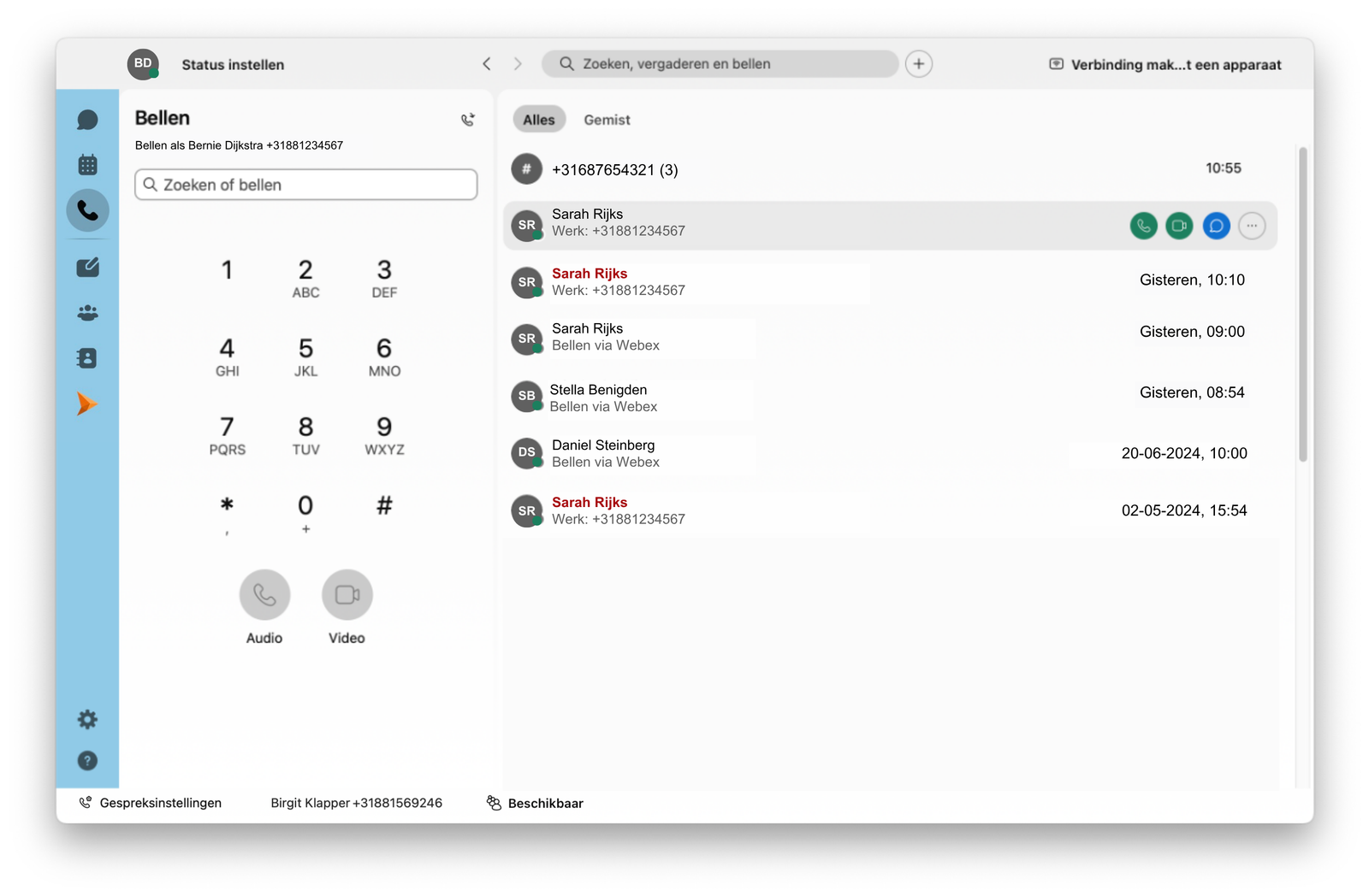 Screenshot van tabblad bellen in de Webex App