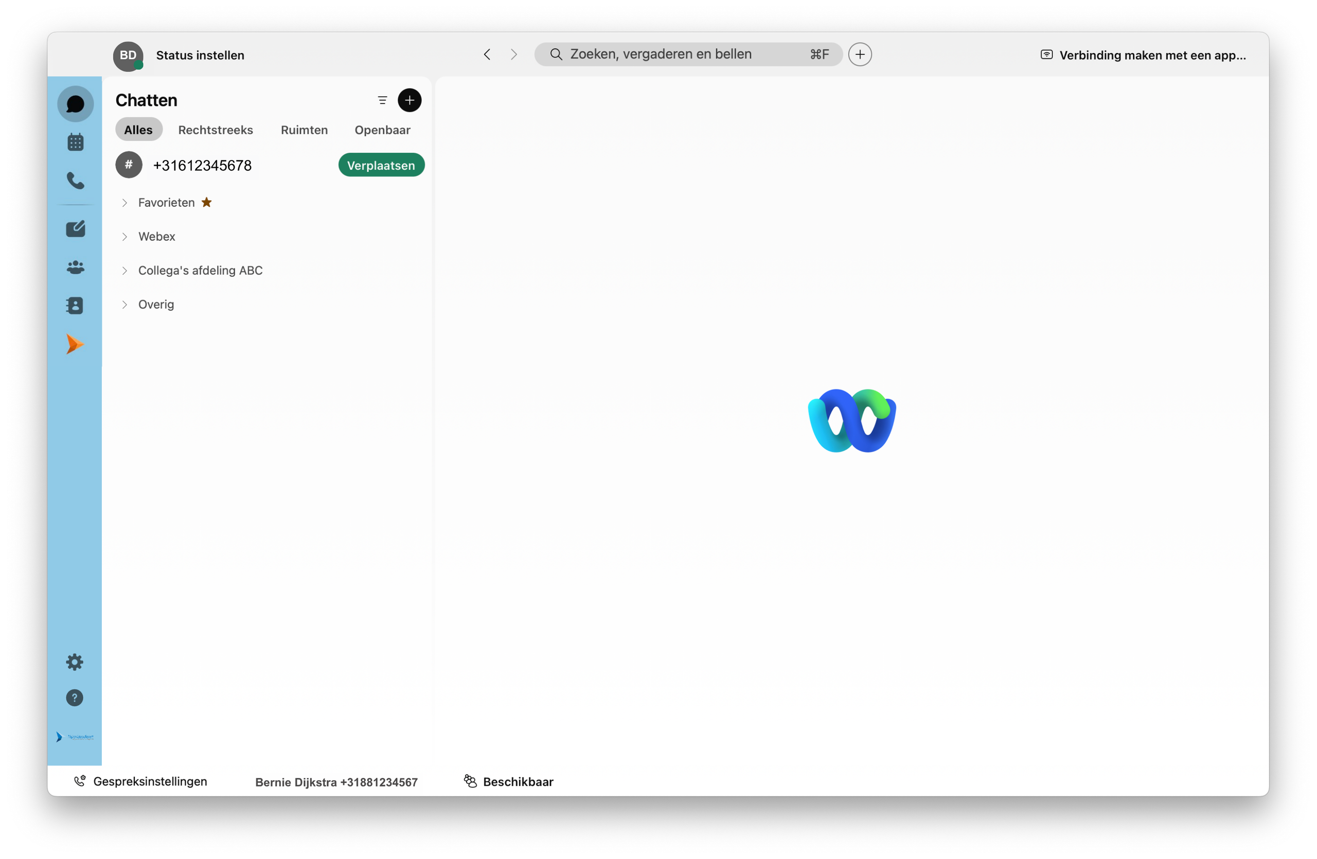 Screenshot van lopend gesprek verplaatsen van smartphone naar laptop in de Webex-app