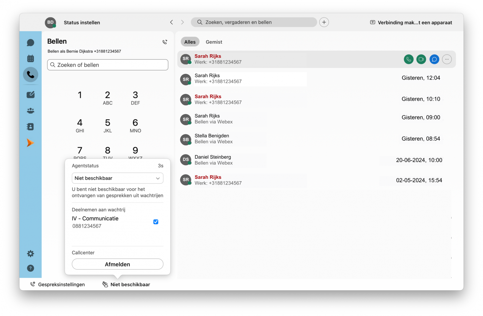 Screenshot van beschikbaarheid instellen voor wachtrij in Webex-app