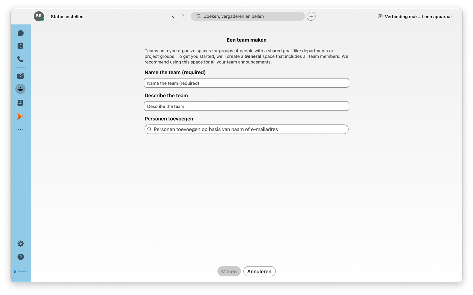 Screenshot van een team maken in de Webex app