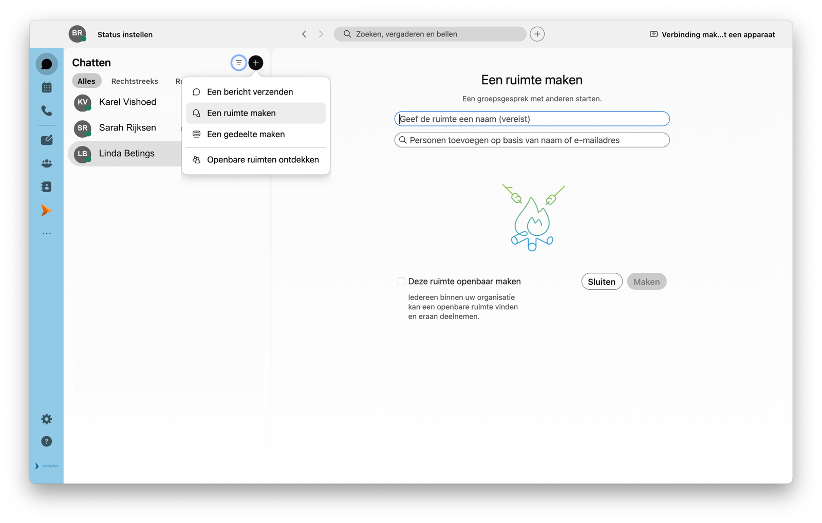 Screenshot van ruimte aanmaken in de Webex-app