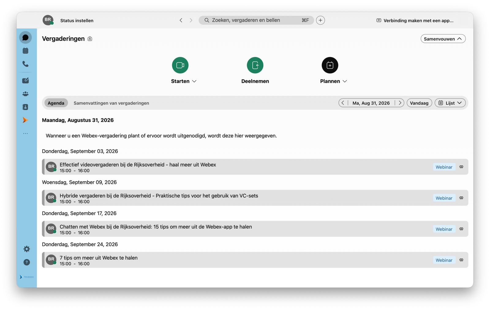 Screenshot van Vergaderen in de Webex-app
