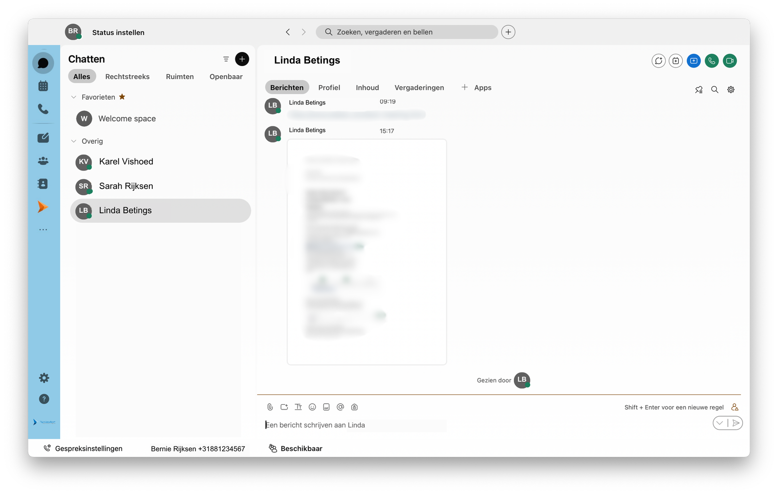 Screenshot van chatvenster in Webex App