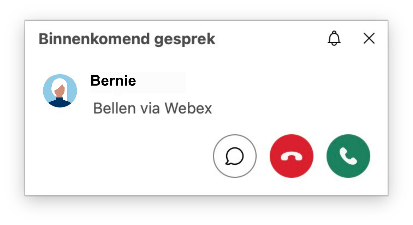 Screenshot van binnenkomende interne oproep in Webex-app