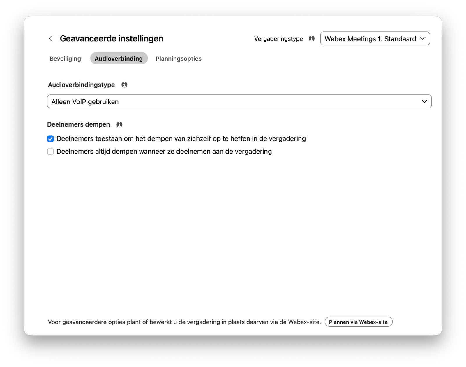 Opties voor audioverbinding bij het plannen van een vergadering