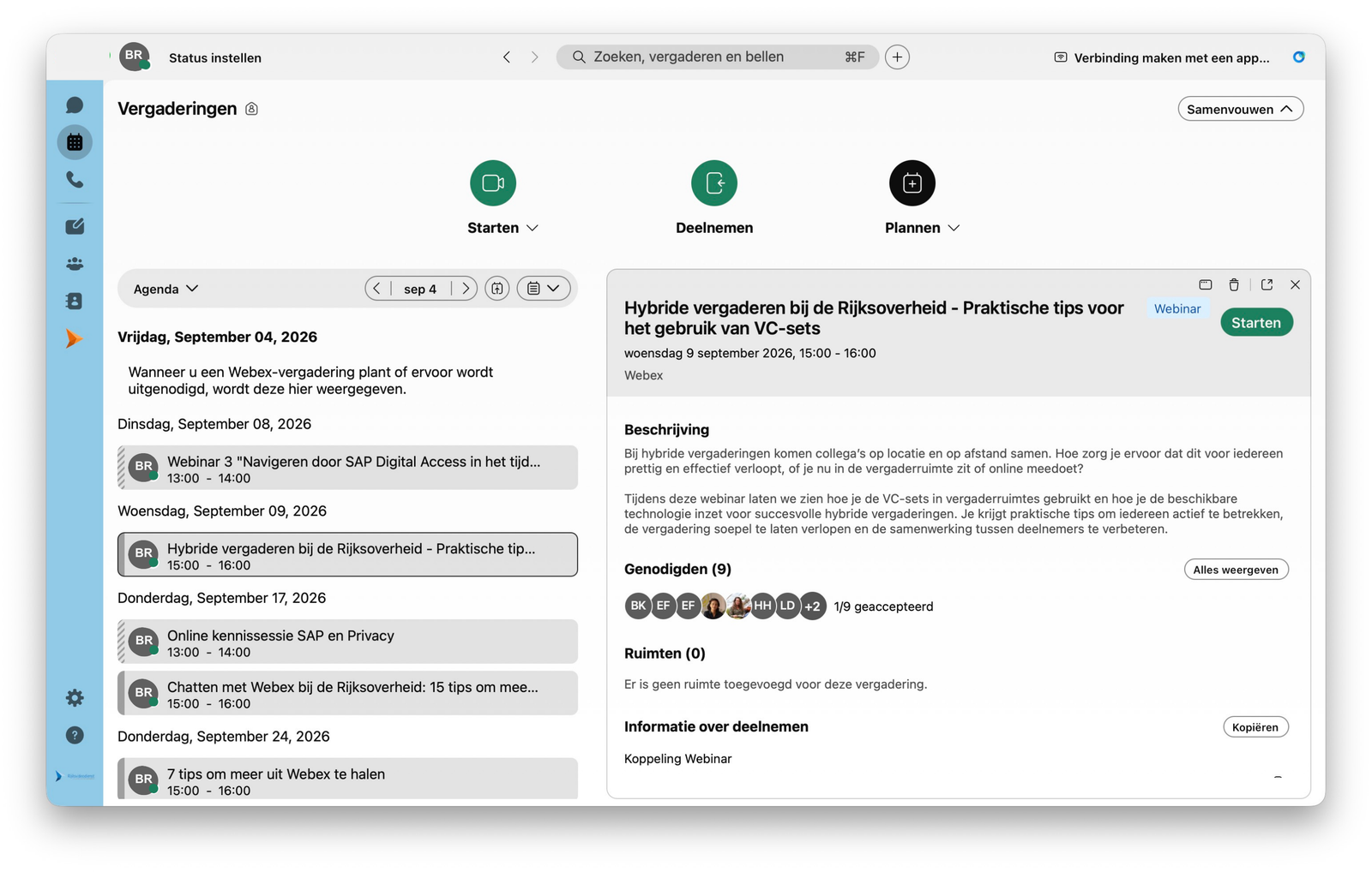 Screenshot van opstarten Webex-videovergadering via Webex-app