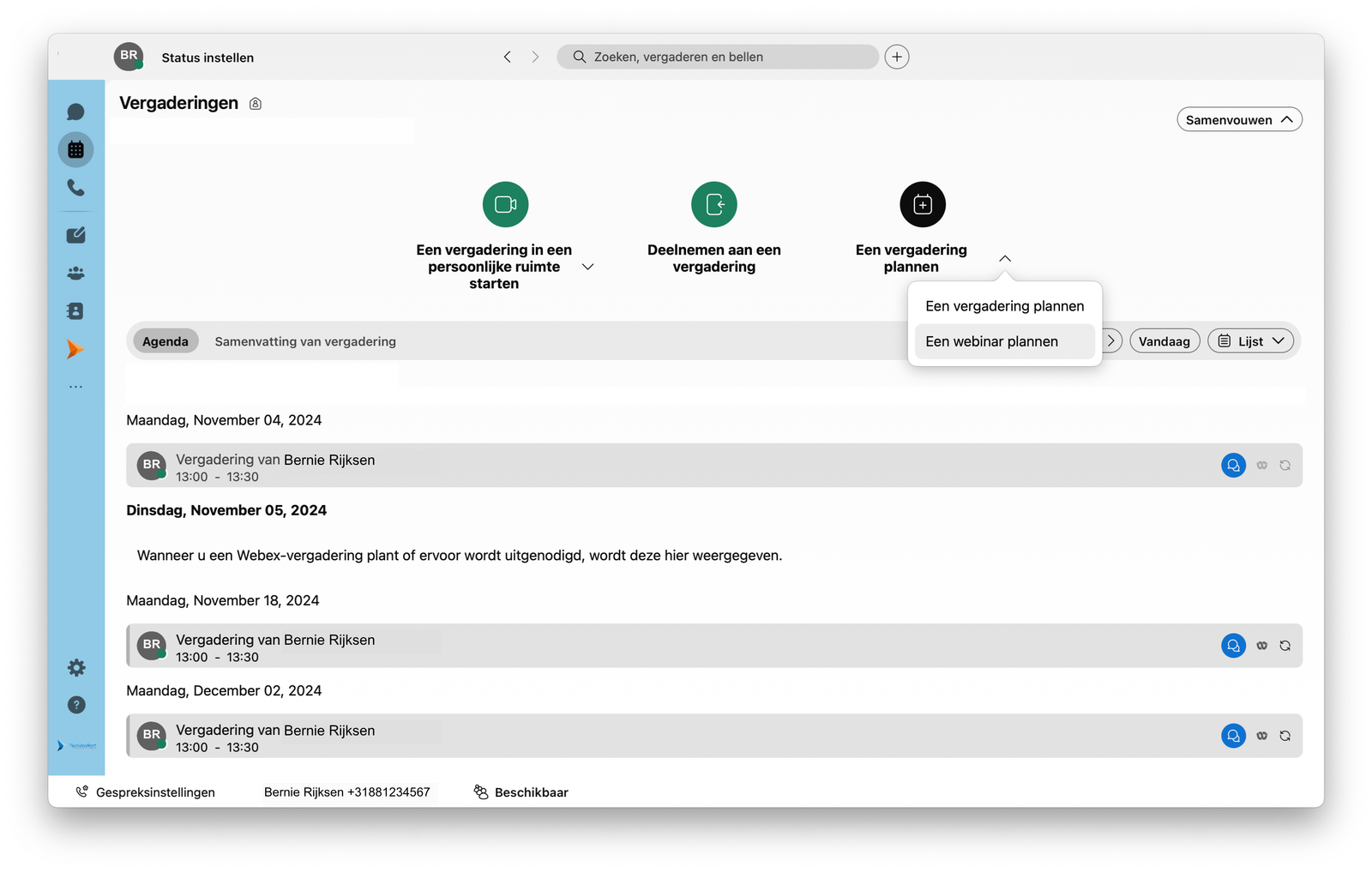 Screenshot van een webinar plannen via de Webex-app