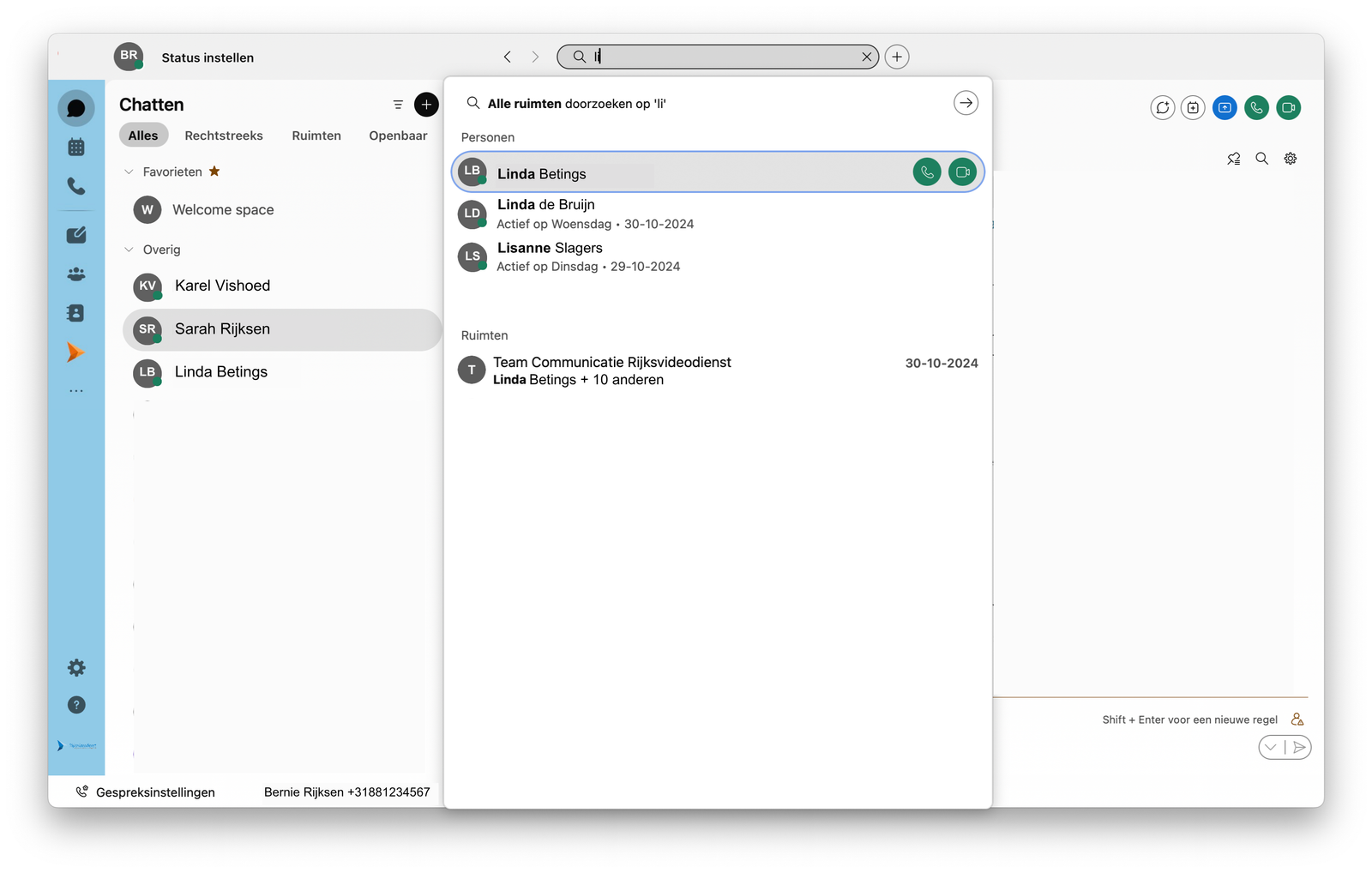Screenshot van zoekfunctie in de Webex app.
